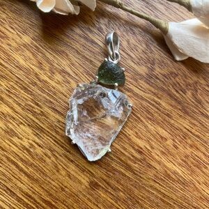 Authentic Rough Czech Moldavite & natural clear quartz pendant in .925 sterling